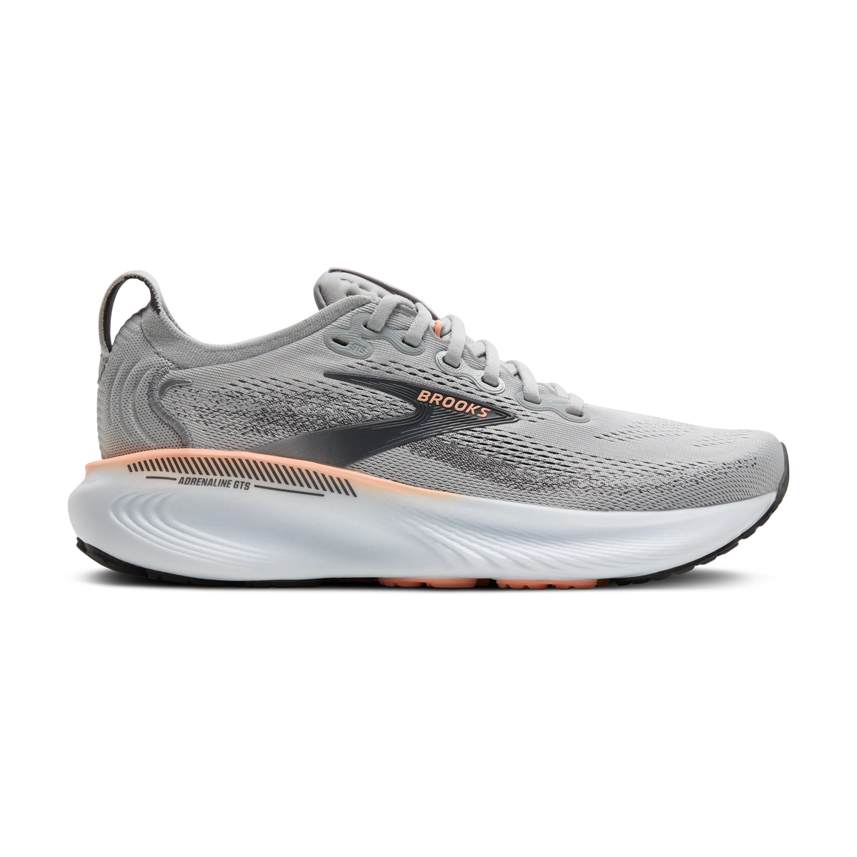 Women's Brooks Adrenaline GTS 24. Grey upper. White midsole. Lateral view.
