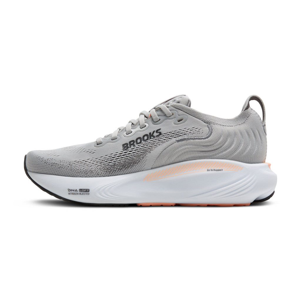Women's Brooks Adrenaline GTS 25. Grey upper. While midsole. Medial view.