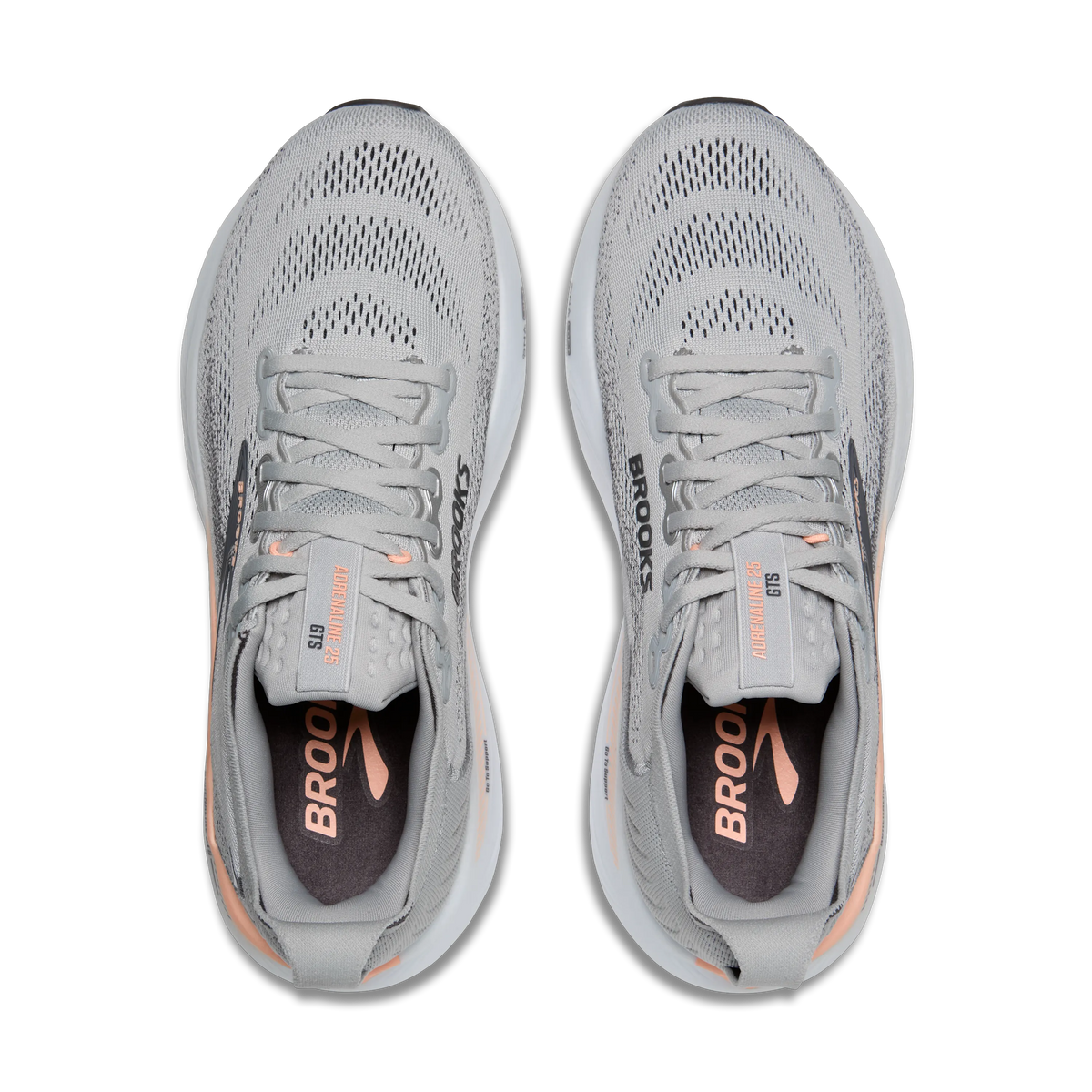 Women's Brooks Adrenaline GTS 24. Grey upper. White midsole. Top view.