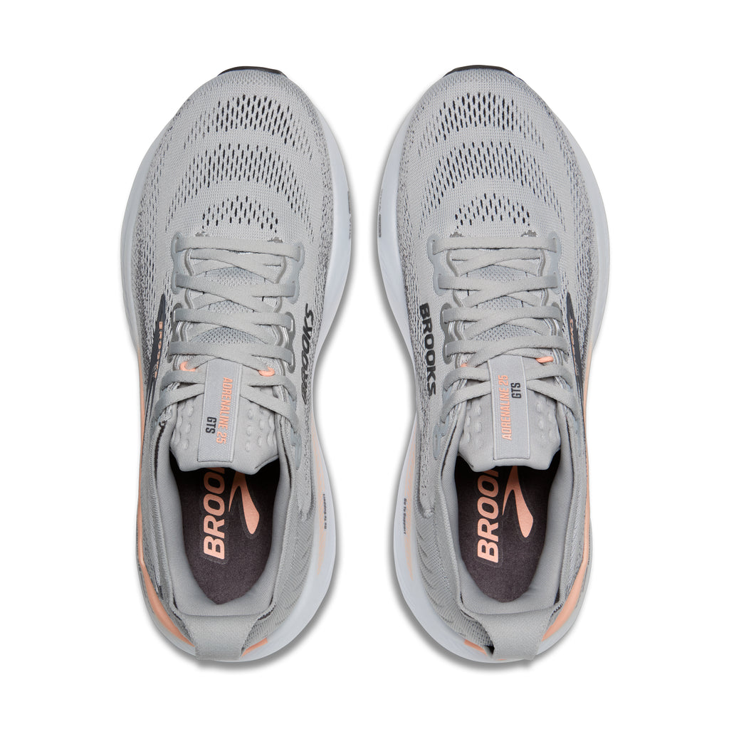 Women's Brooks Adrenaline GTS 25. Grey upper. While midsole. Top view.