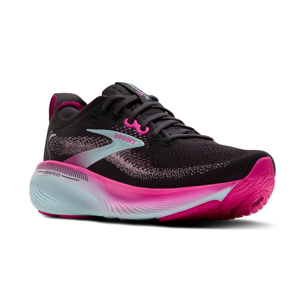 Women's Brooks Adrenaline GTS 25. Black upper. White midsole. Lateral view.