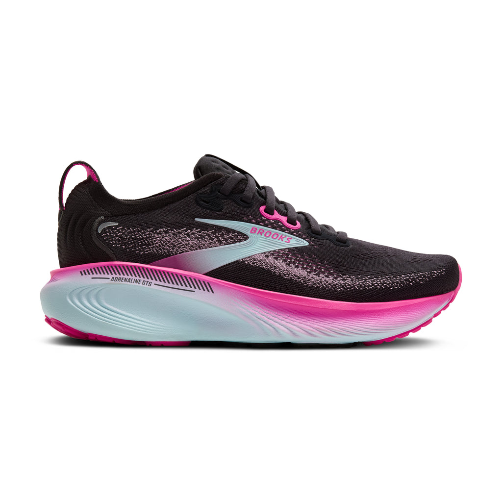 Women's Brooks Adrenaline GTS 25. Black upper. White midsole. Lateral view.