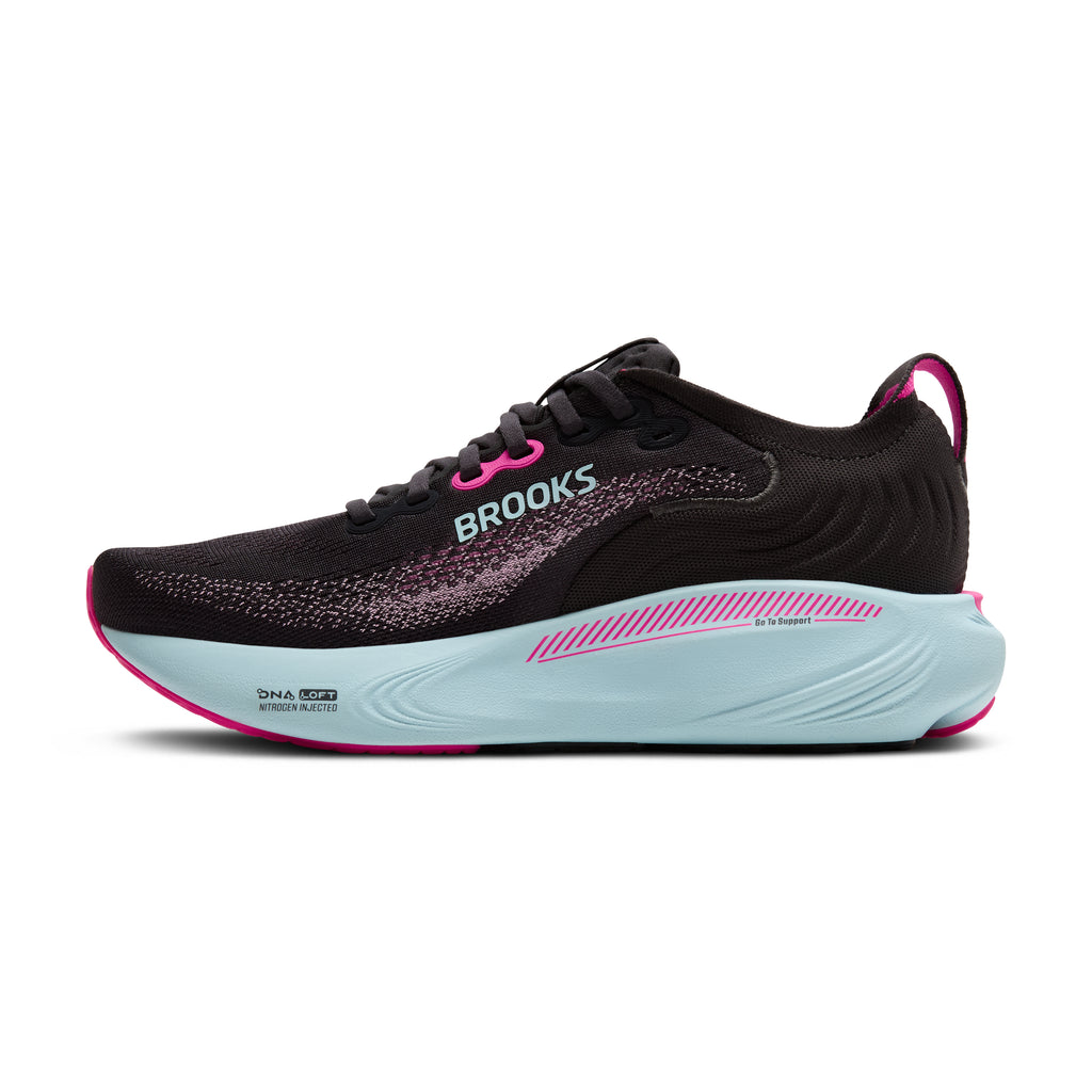 Women's Brooks Adrenaline GTS 25. Black upper. White midsole. Medial view.