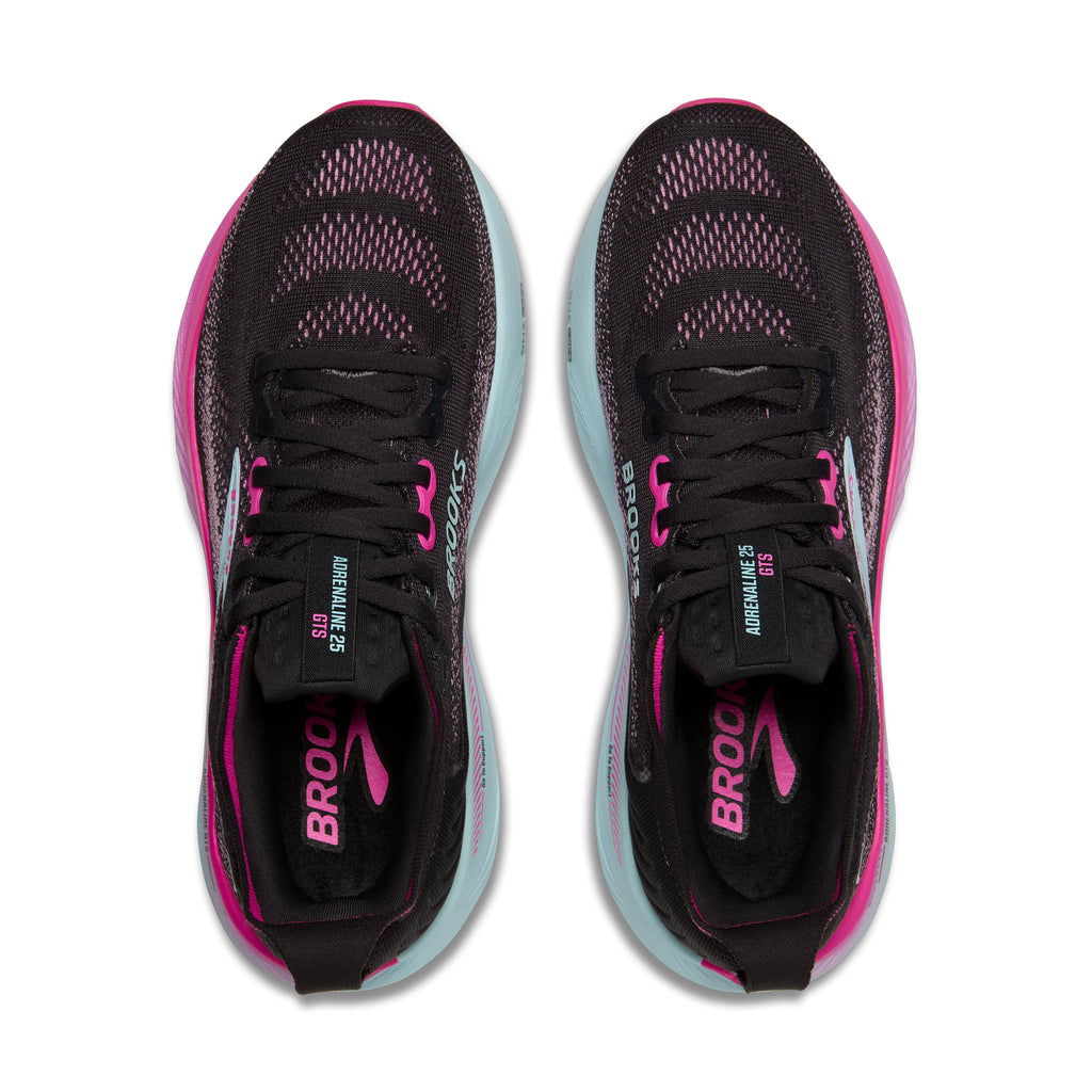 Women's Brooks Adrenaline GTS 25. Black upper. White midsole. Top view.
