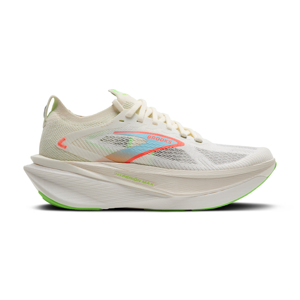 Women's Brooks Hyperion Max 3. Off White upper. Light Grey midsole. Lateral view.
