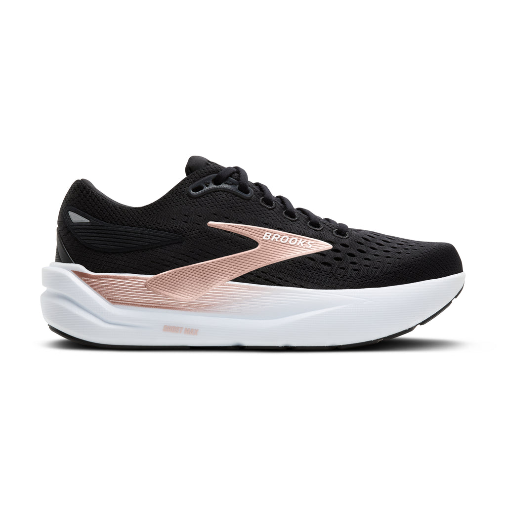 Women's Brooks Ghost Max 3. Black upper. White midsole. Lateral view.