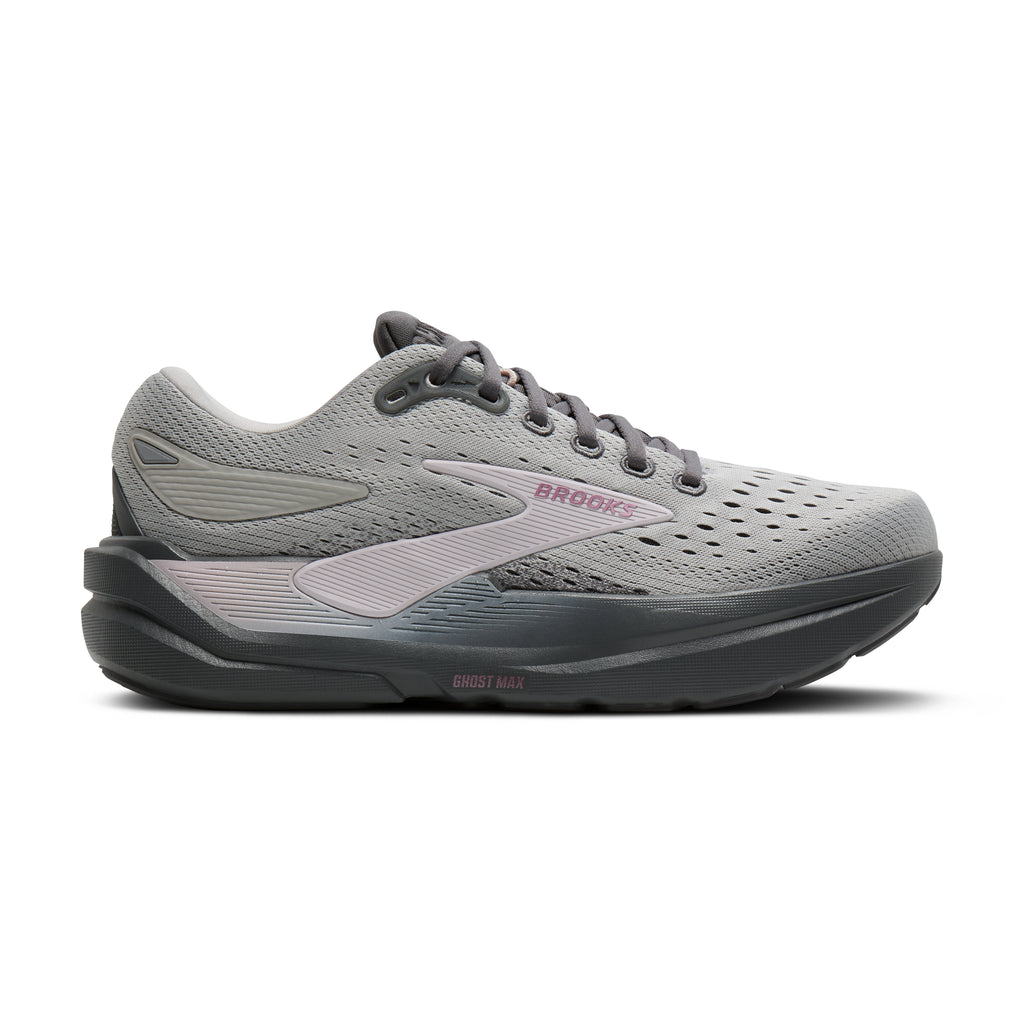 Women's Brooks Ghost Max 3. Light Grey upper. Dark Grey midsole. Lateral view.
