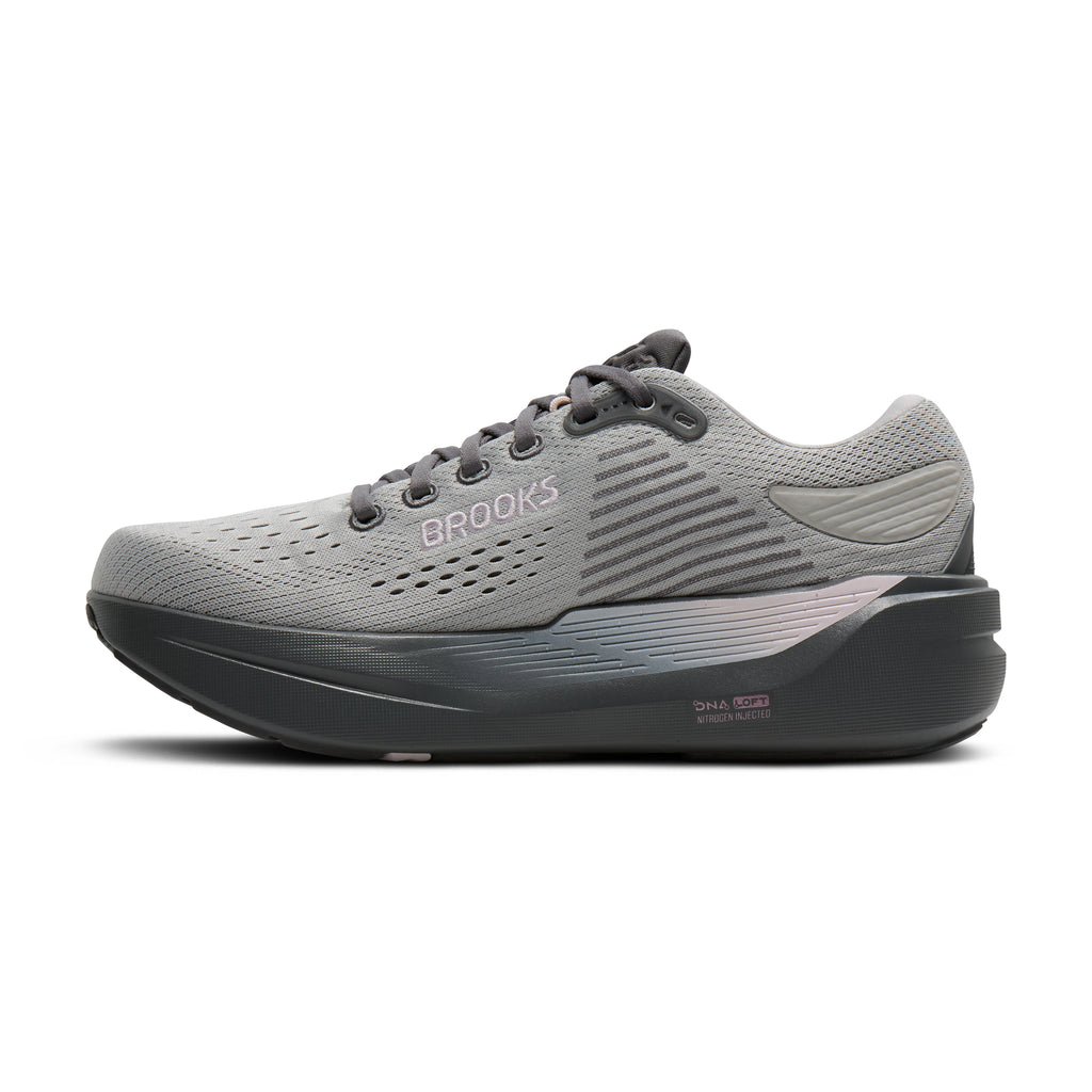 Women's Brooks Ghost Max 3. Light Grey upper. Dark Grey midsole. Medial view.