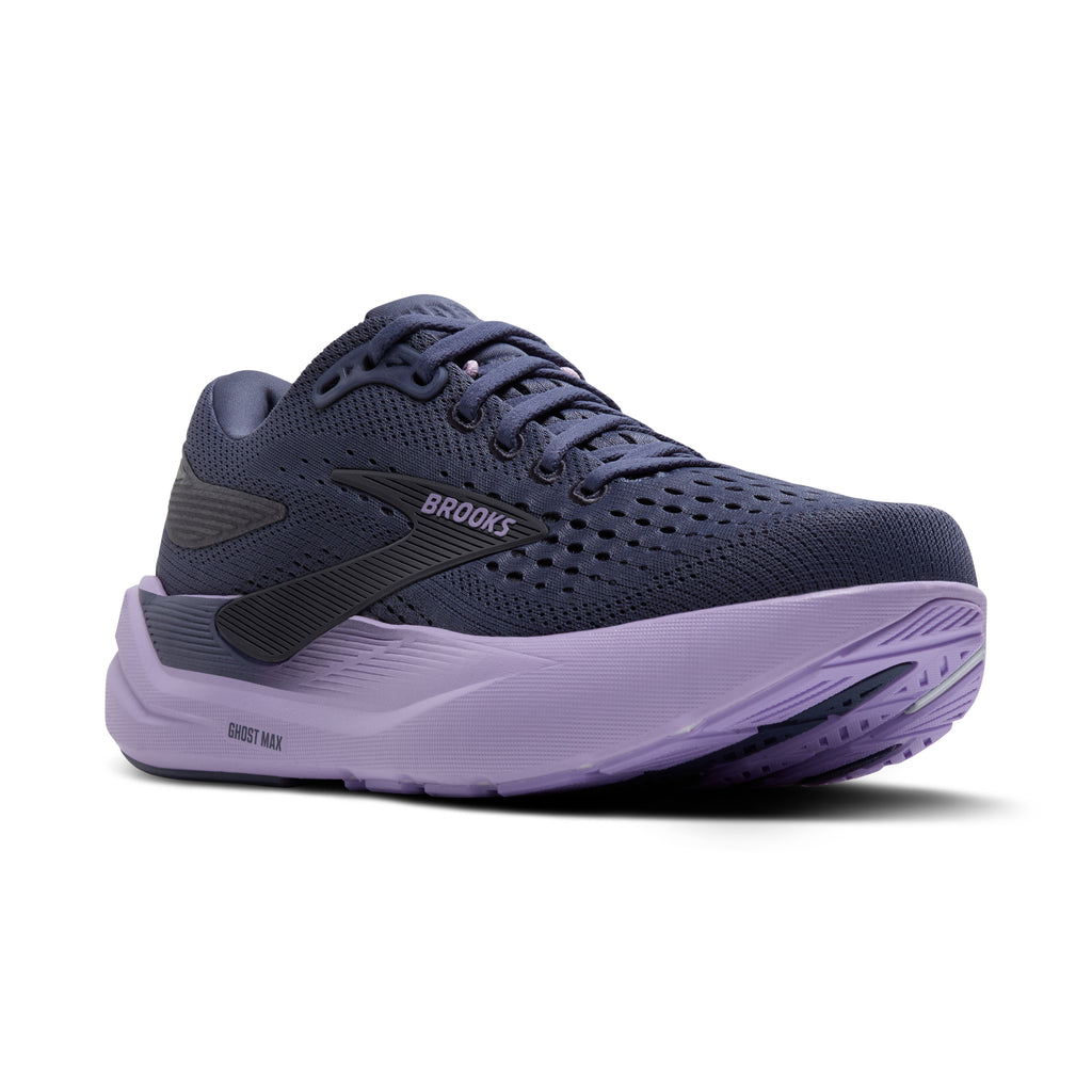 Women's Brooks Ghost Max 3. Dark Purple upper. Purple midsole. Lateral view.