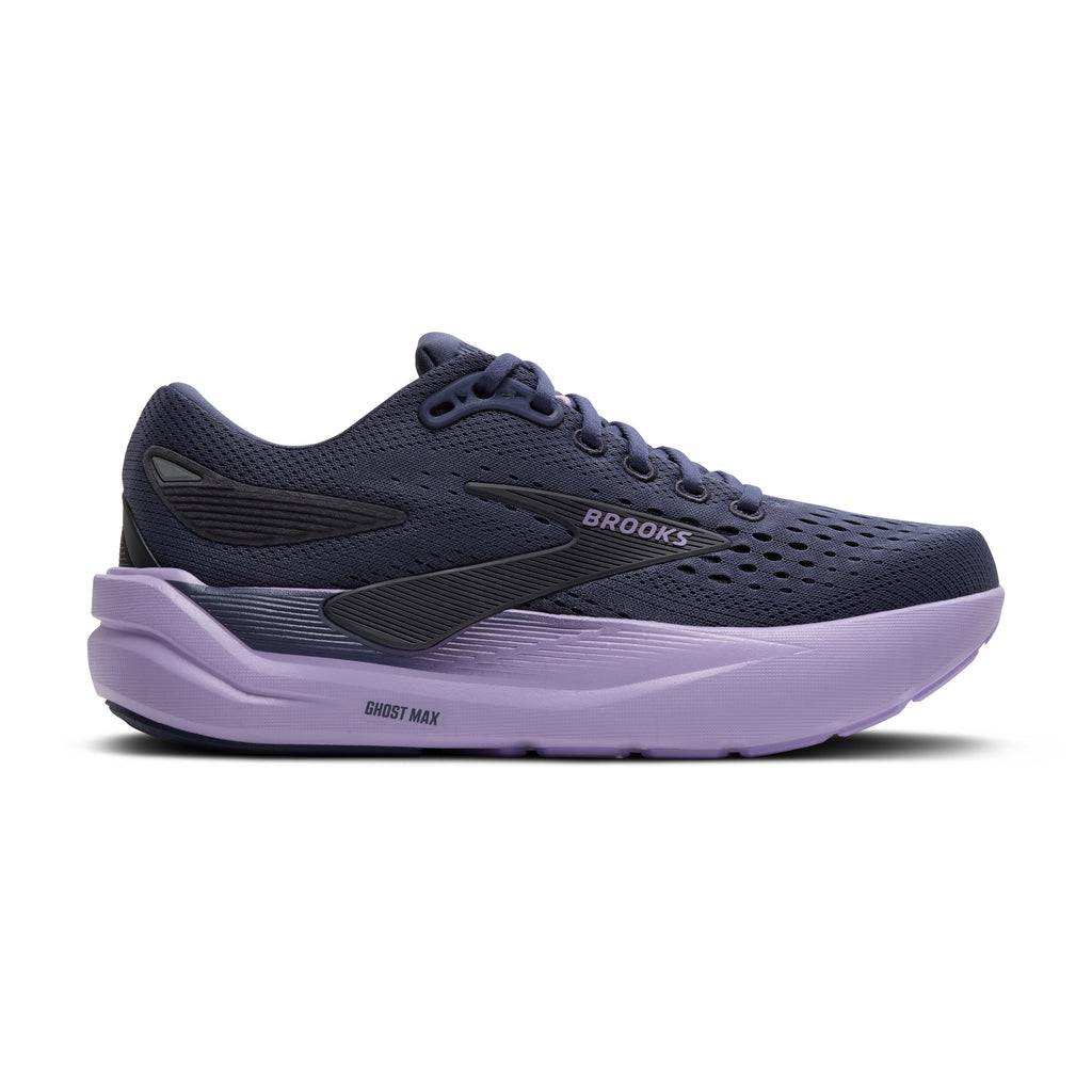 Women's Brooks Ghost Max 3. Dark Purple upper. Purple midsole. Lateral view.