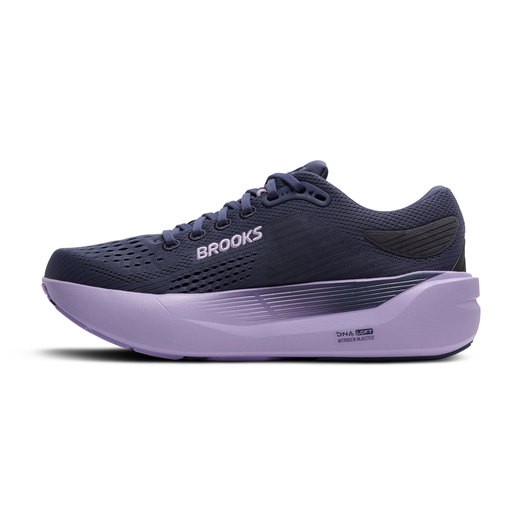 Women's Brooks Ghost Max 3. Dark Purple upper. Purple midsole. Medial view.