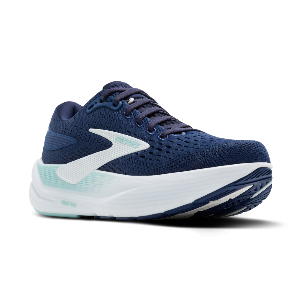 Women's Brooks Ghost Max 3. Navy upper. White midsole. Lateral view.