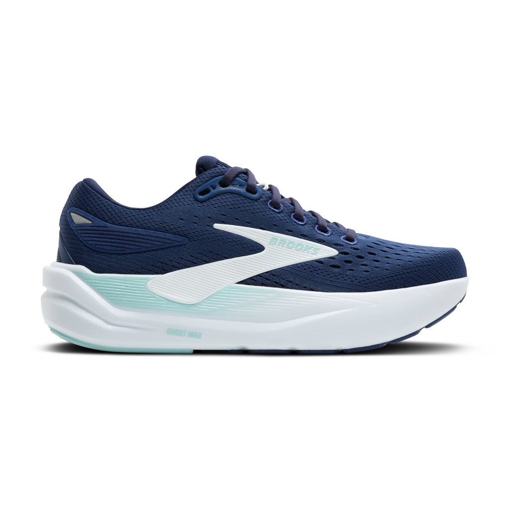 Women's Brooks Ghost Max 3. Navy upper. White midsole. Lateral view.