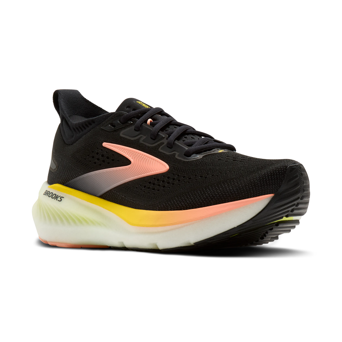 Brooks Glycerin 23 women's running shoe in Black/Peach/Nightlife, lateral view (image 1).