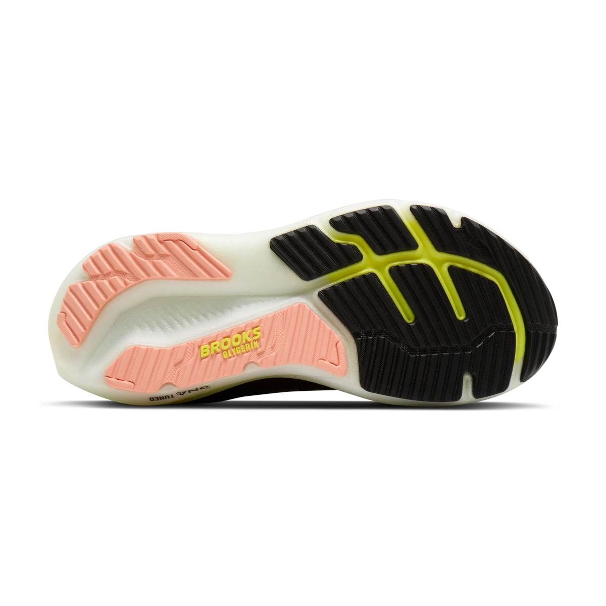 Brooks Glycerin 23 women's running shoe in Black/Peach/Nightlife, bottom view (image 5).