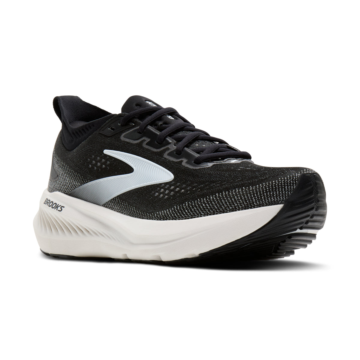 Women's Brooks Glycerin 23. Black upper. White midsole. Lateral view.