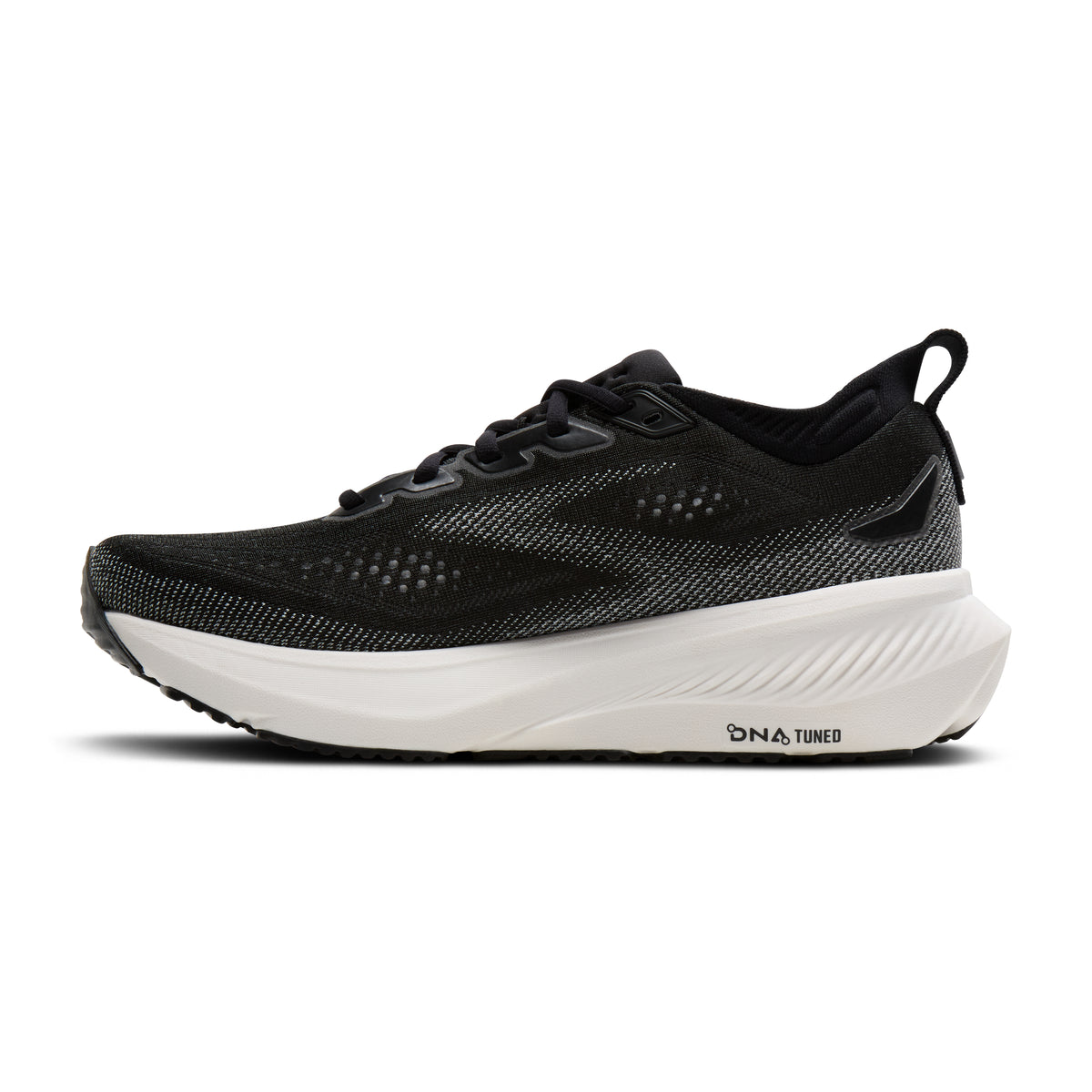Women's Brooks Glycerin 23. Black upper. White midsole. Medial view.