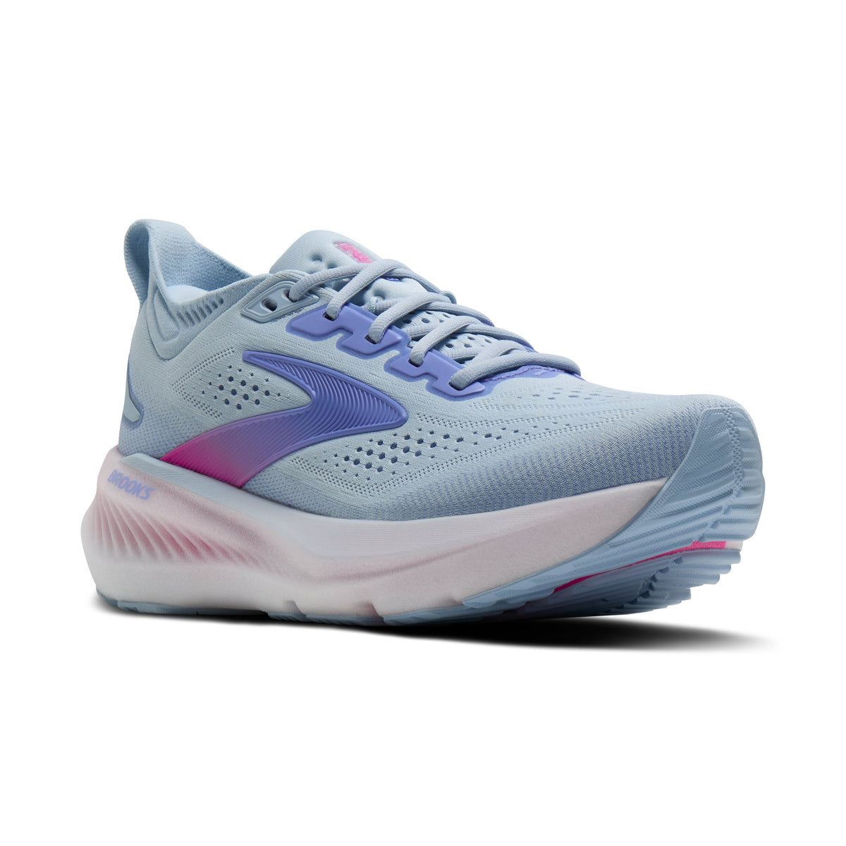 Brooks Glycerin 23 women's running shoe in Skyway/Blazing Bell/Pink, lateral view (image 1).