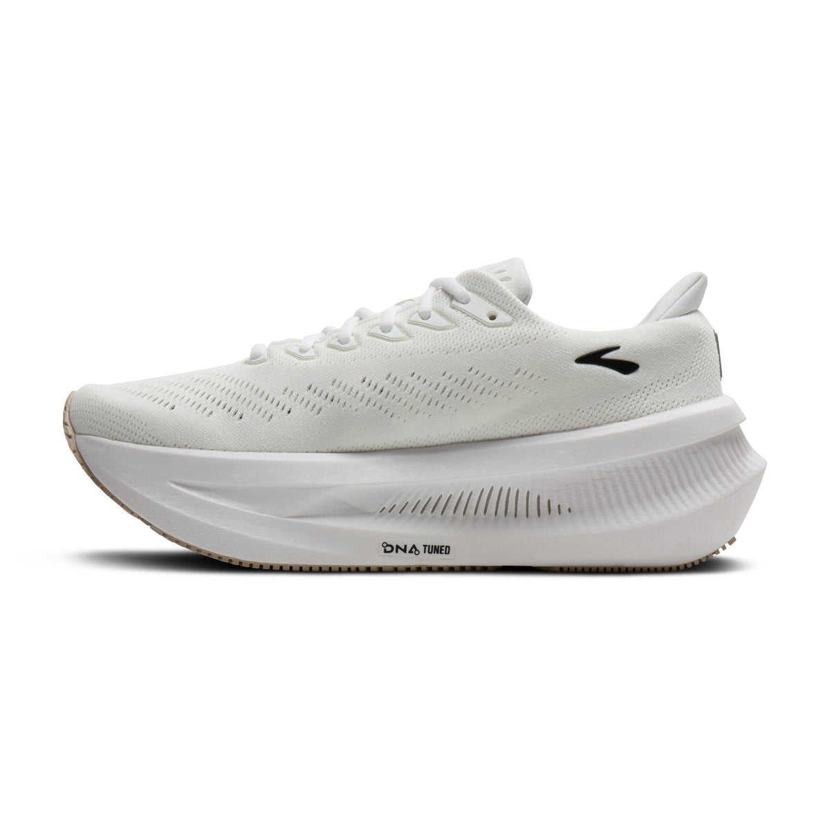 Women's Brooks Glycerin Max 2. White upper. White midsole. Medial view.