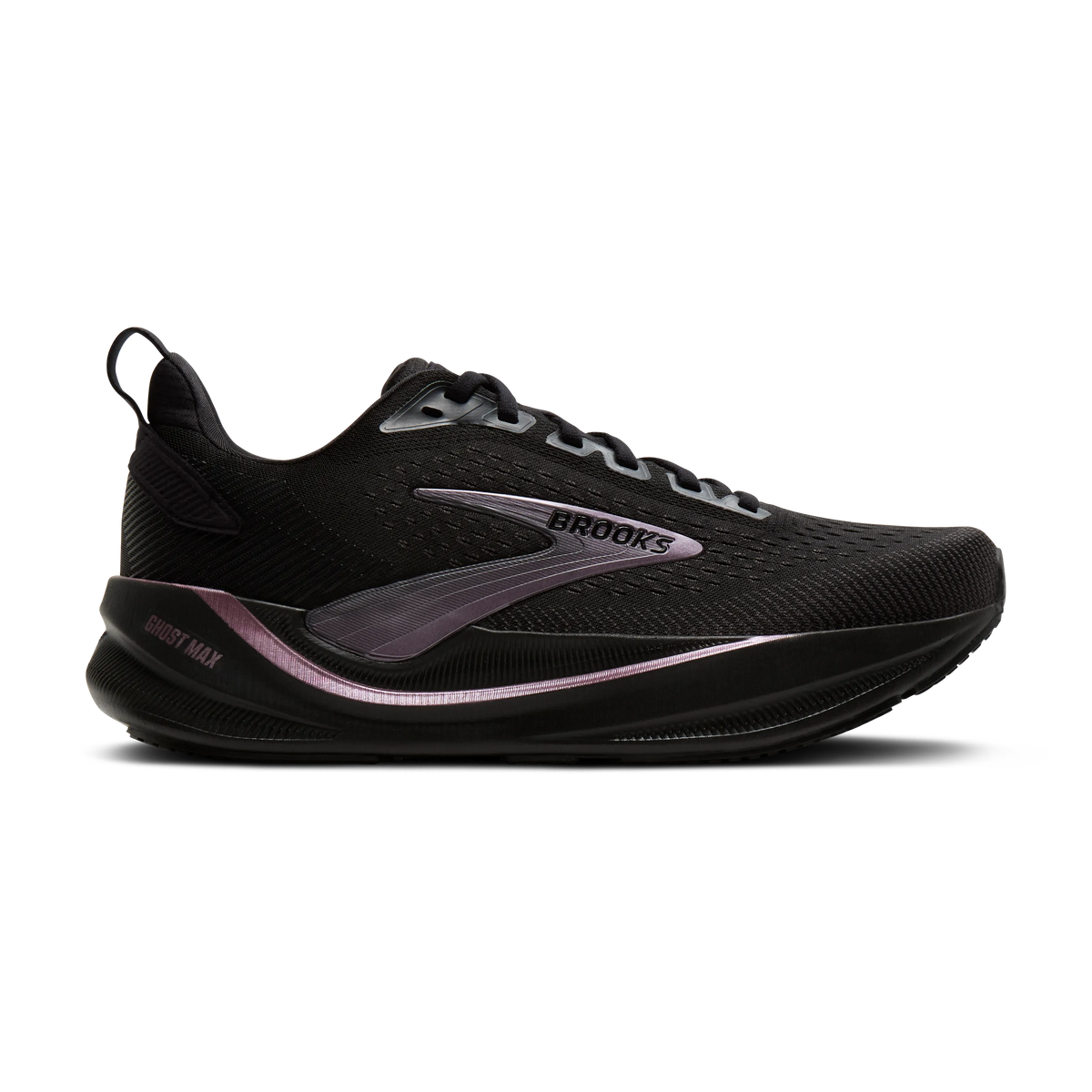 Women's Brooks Ghost Max 4. Black upper. Black midsole. Lateral view.