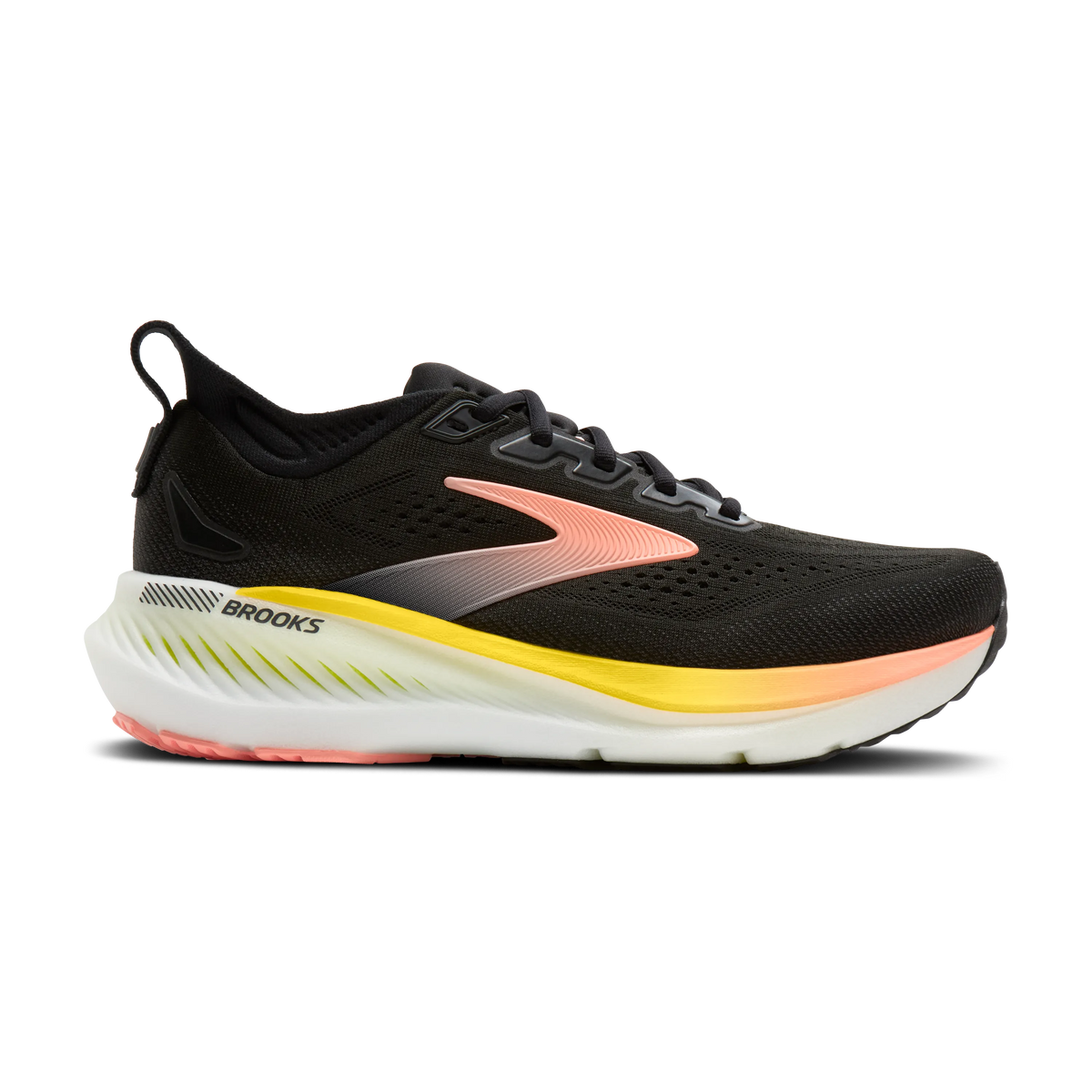 Brooks Glycerin GTS 23 women's stability running shoe in Black/Peach/Nightlife, lateral view (image 2).