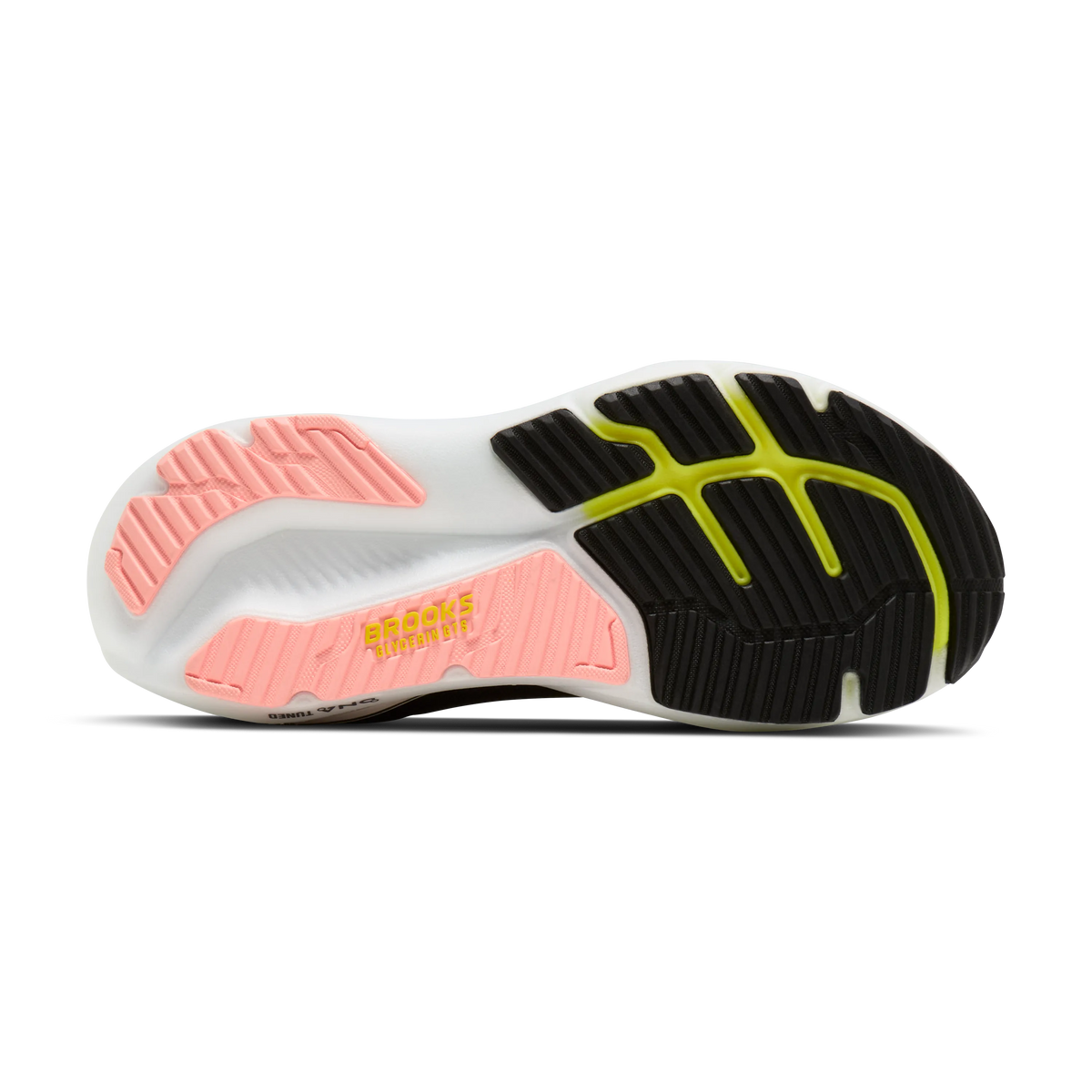 Brooks Glycerin GTS 23 women's stability running shoe in Black/Peach/Nightlife, bottom view (image 5).
