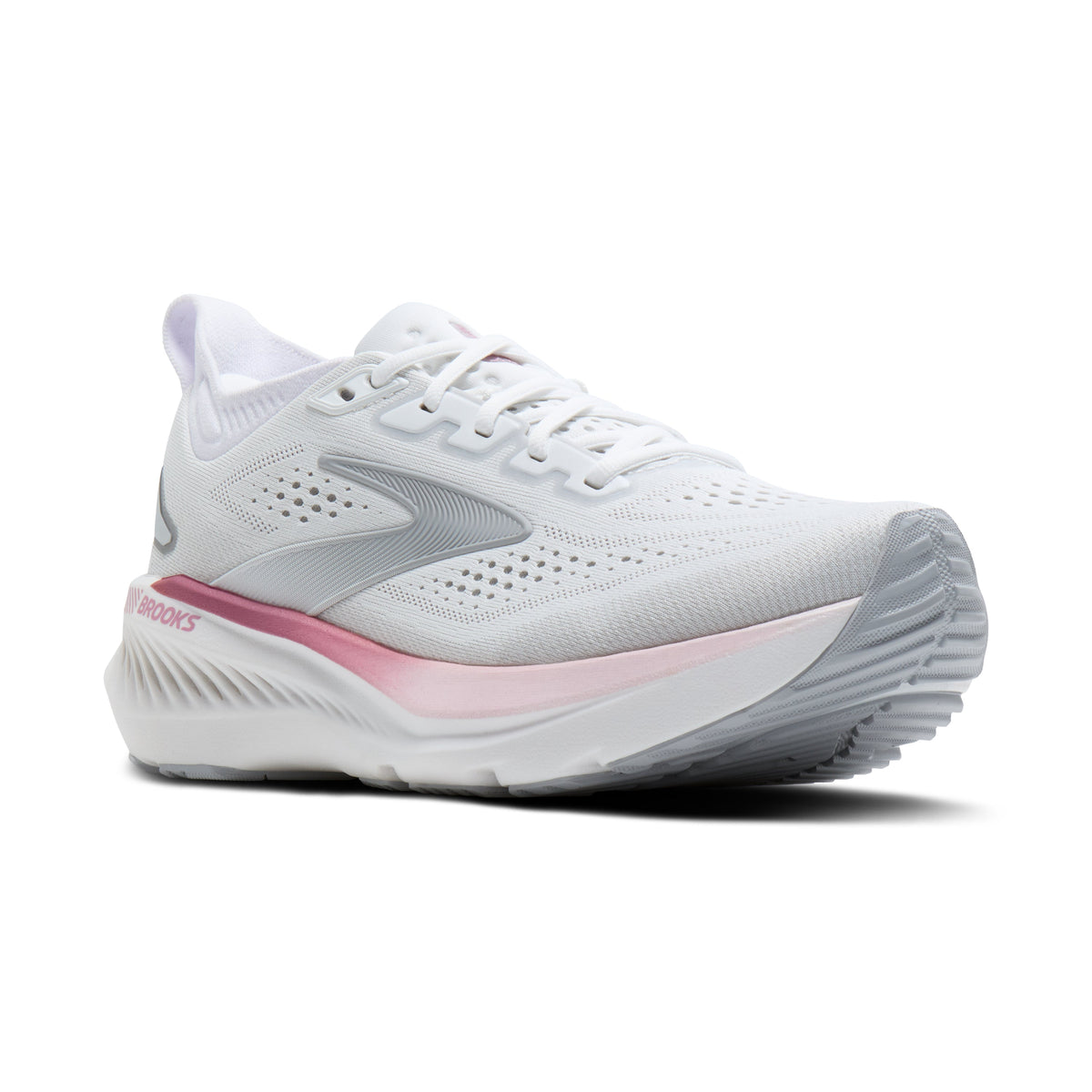 Brooks Glycerin GTS 23 women's stability running shoe in White/Harbor Mist/Metallic, lateral view (image 1).