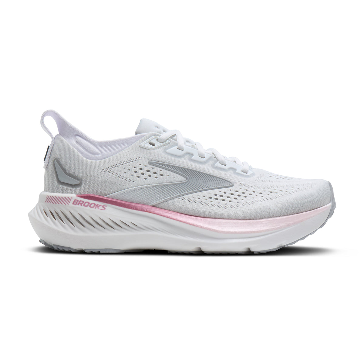 Brooks Glycerin GTS 23 women's stability running shoe in White/Harbor Mist/Metallic, lateral view (image 2).