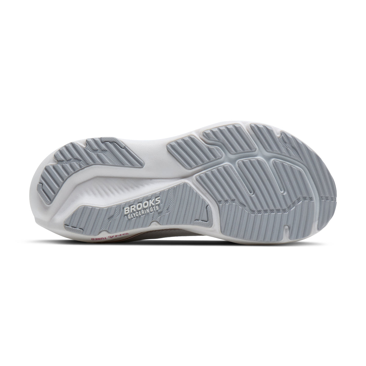 Brooks Glycerin GTS 23 women's stability running shoe in White/Harbor Mist/Metallic, bottom view (image 5).