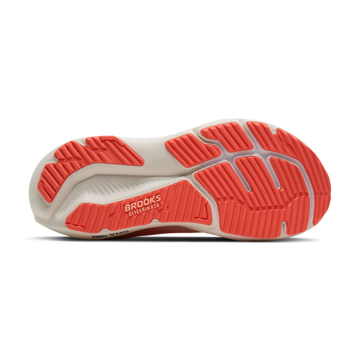 Brooks Glycerin GTS 23 women's stability running shoe in Coral/Peach/Spellbound, bottom view (image 5).