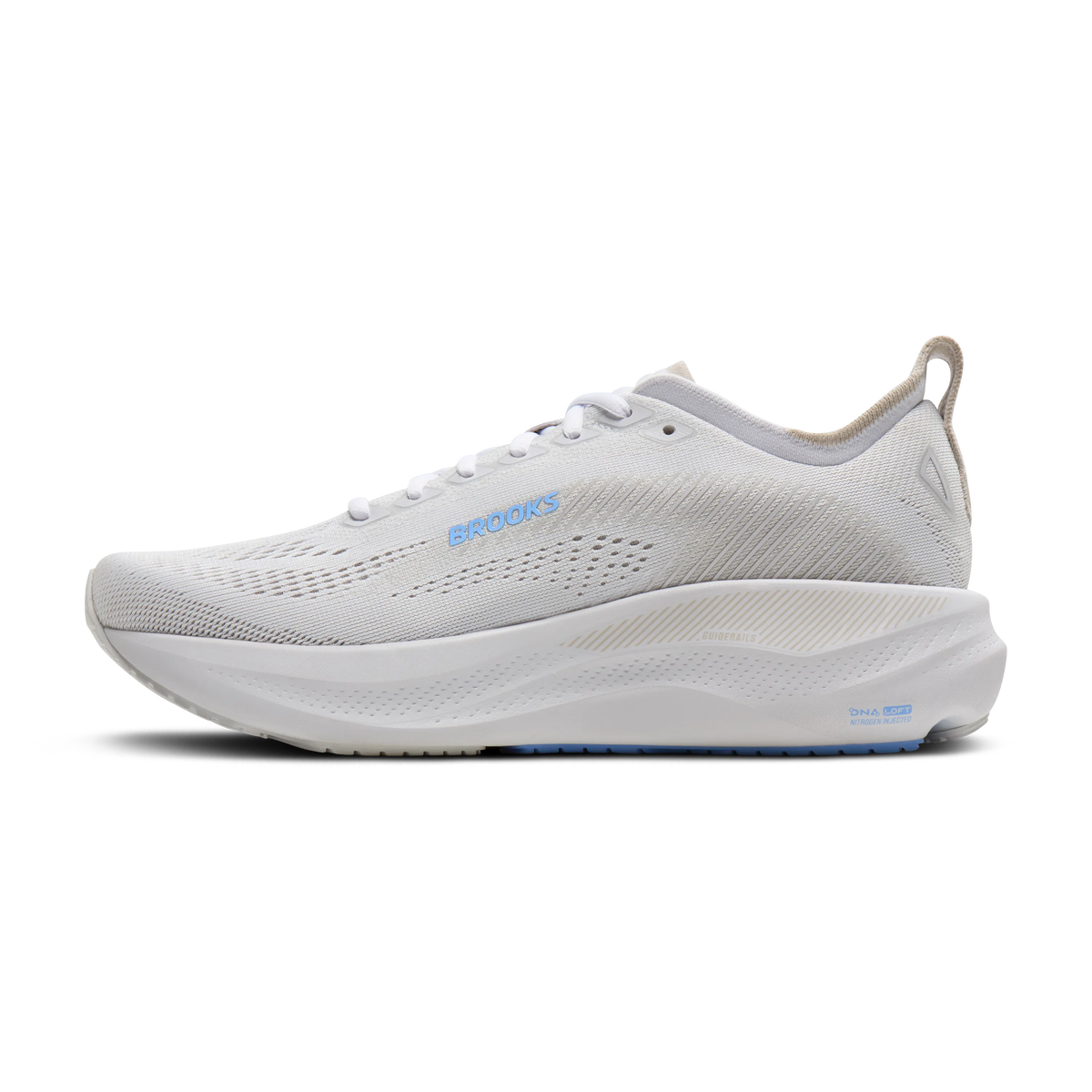 Women's Brooks Adrenaline GTS 26. White upper. White midsole. Medial view.