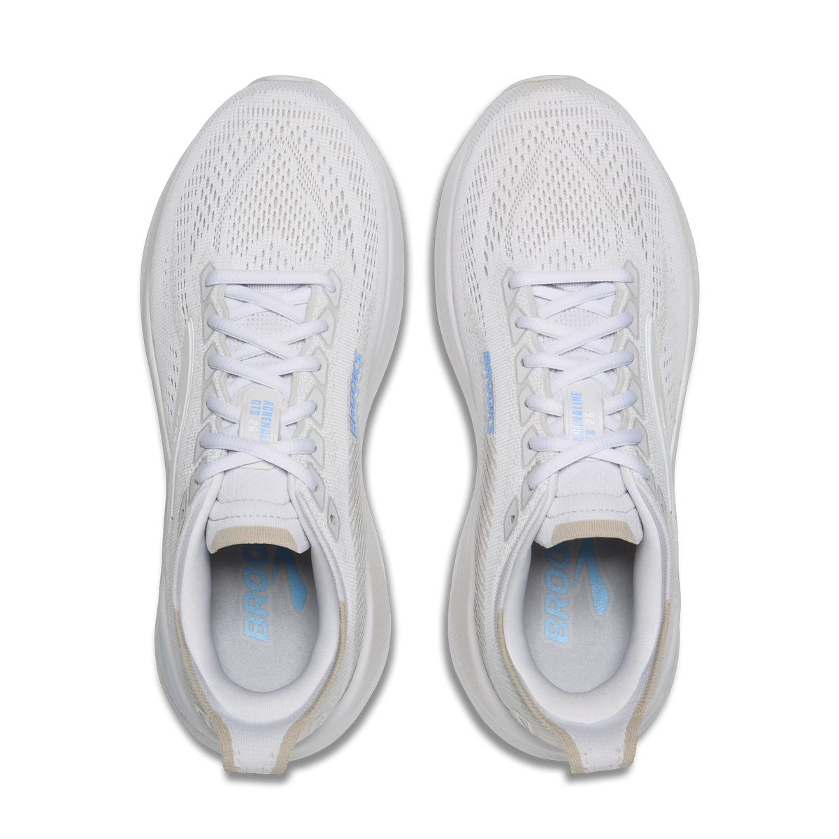 Women's Brooks Adrenaline GTS 26. White upper. White midsole. Top view.