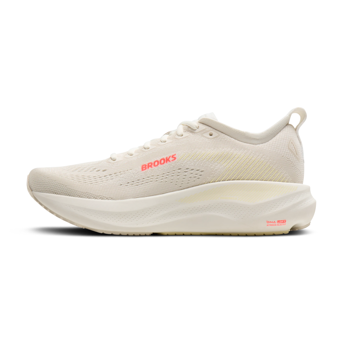 Women's Brooks Adrenaline GTS 26. Off White upper. White midsole. Medial view.
