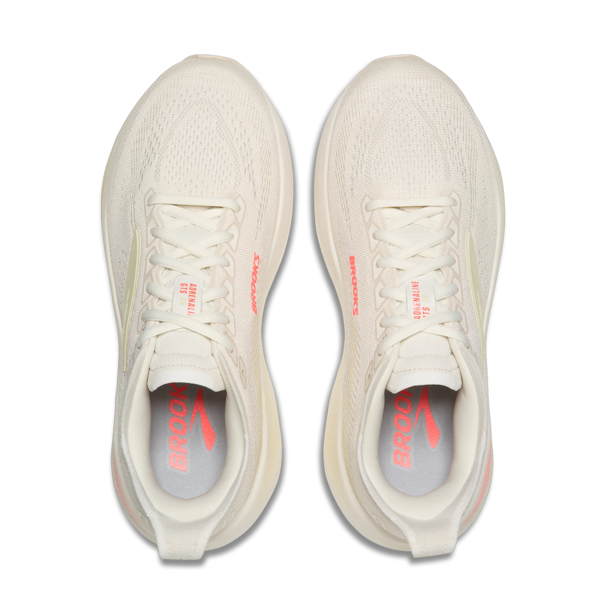 Women's Brooks Adrenaline GTS 26. Off White upper. White midsole. Top view.