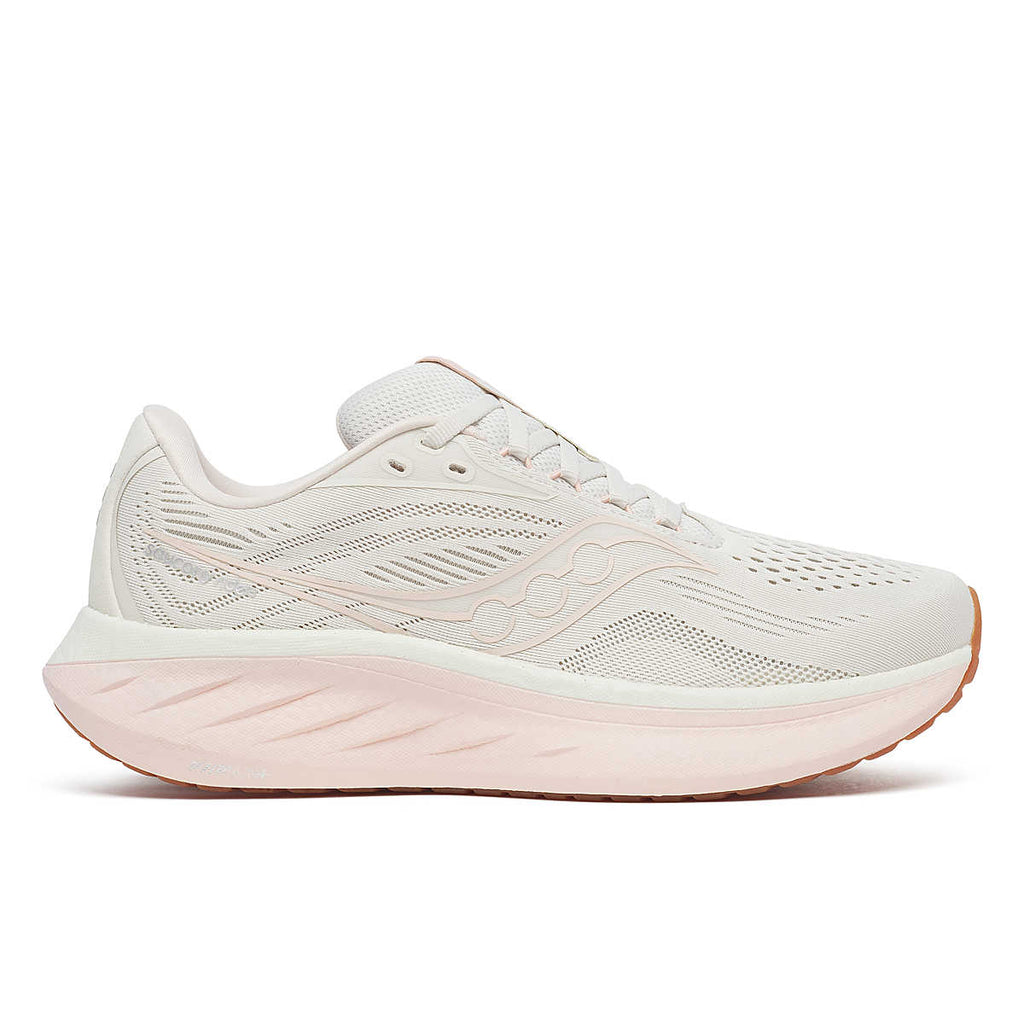 Women's Saucony Ride 18. White upper. White midsole. Lateral view.