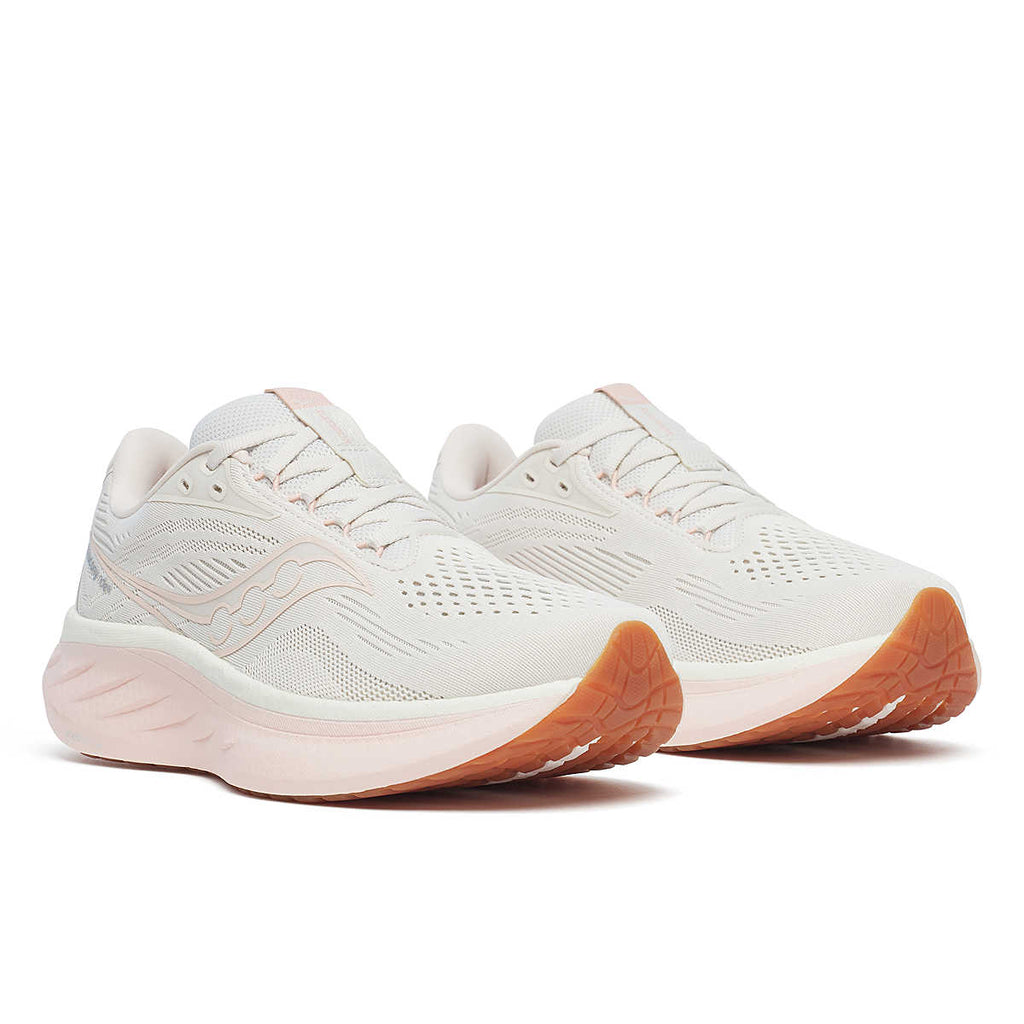 Women's Saucony Ride 18. White upper. White midsole. Lateral view.
