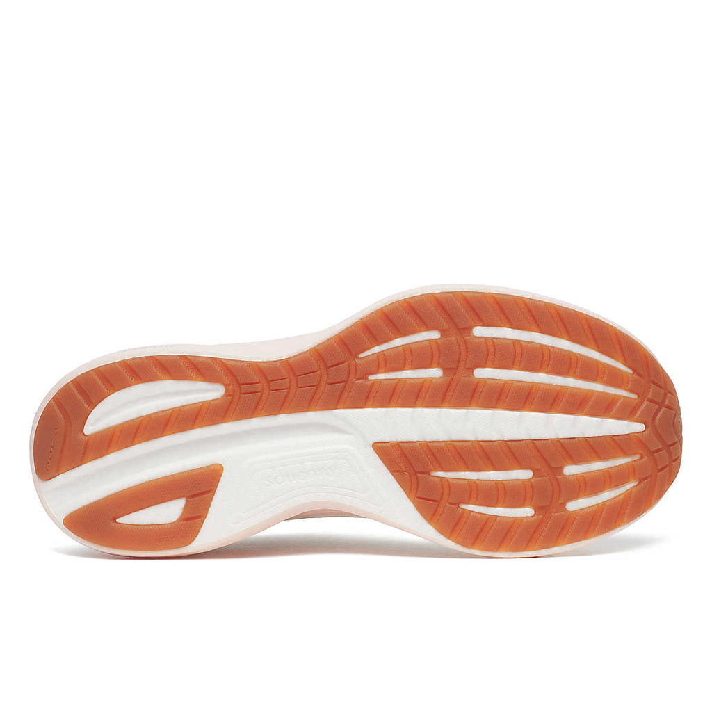 Women's Saucony Ride 18. White upper. White midsole. Bottom view.