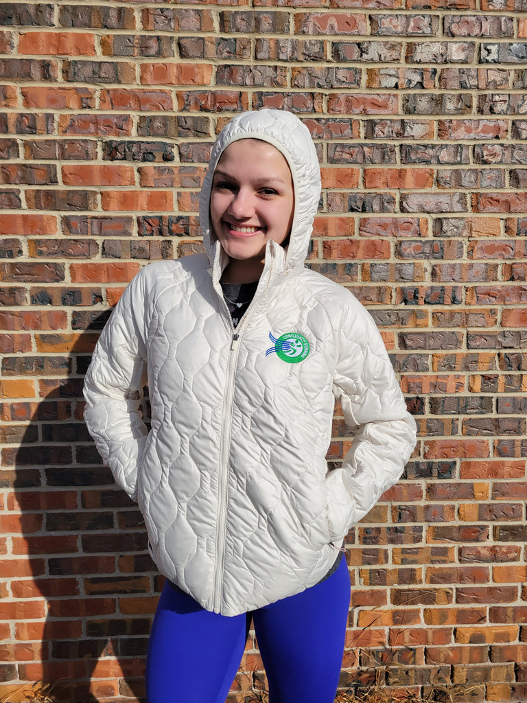 Women's Saucony Oysterpuff Jacket. White with Confluence Running Logo.