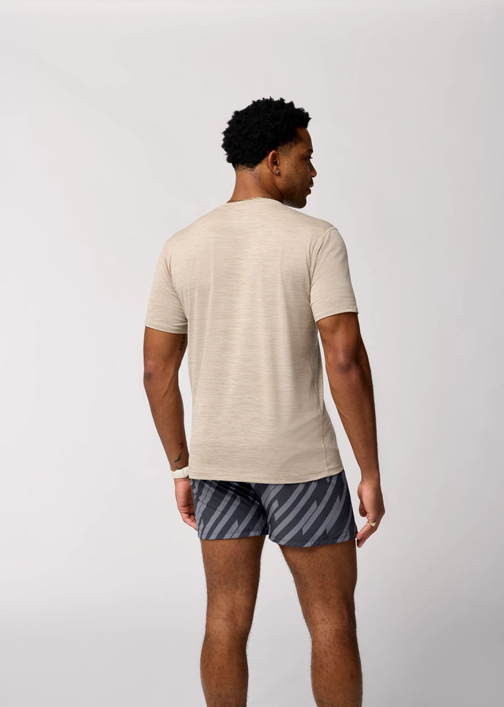 Men's Brooks Luxe Short Sleeve. Tan. Rear view.