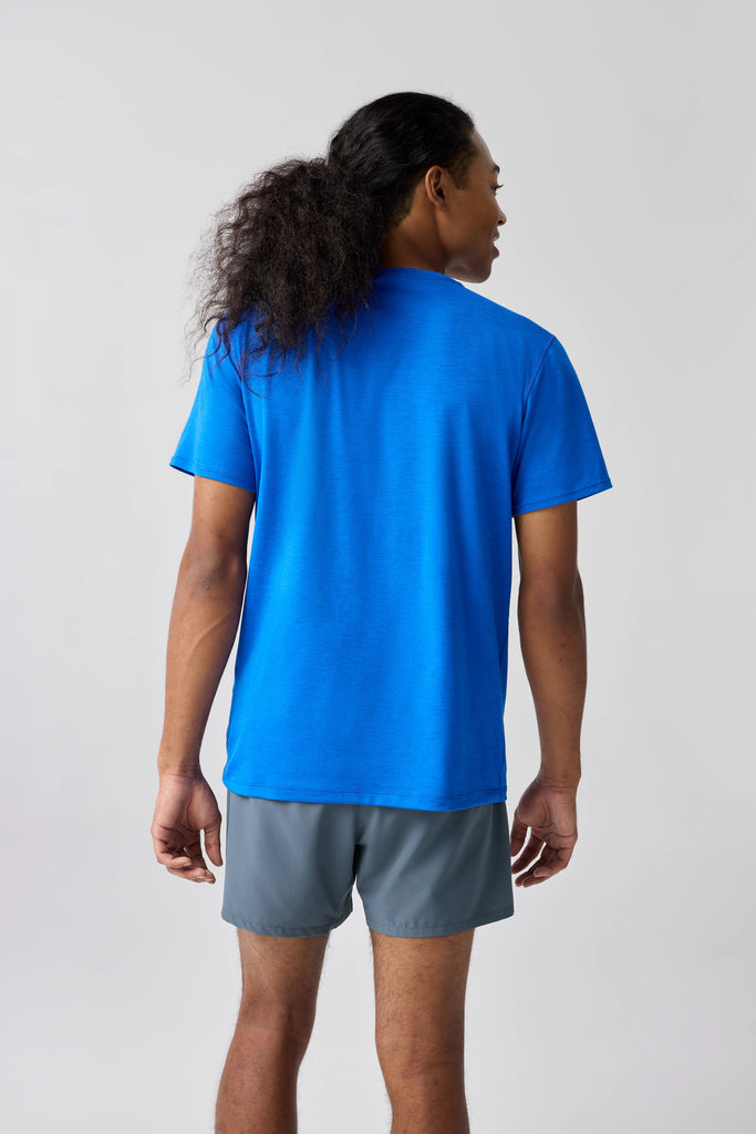 Men's Brooks Luxe Short Sleeve. Blue. Rear view.