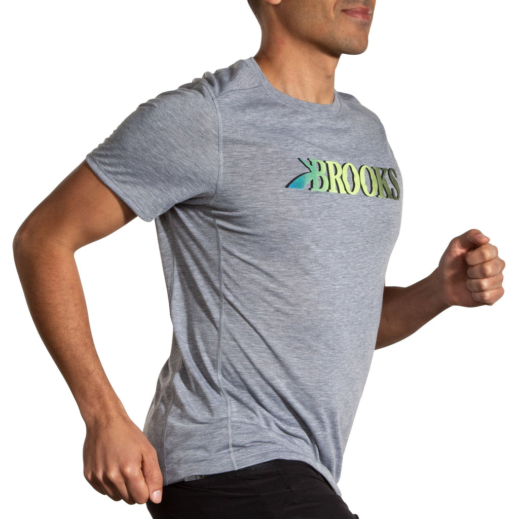 Men's Brooks Distance Short Sleeve 3.0. Grey. Lateral view.