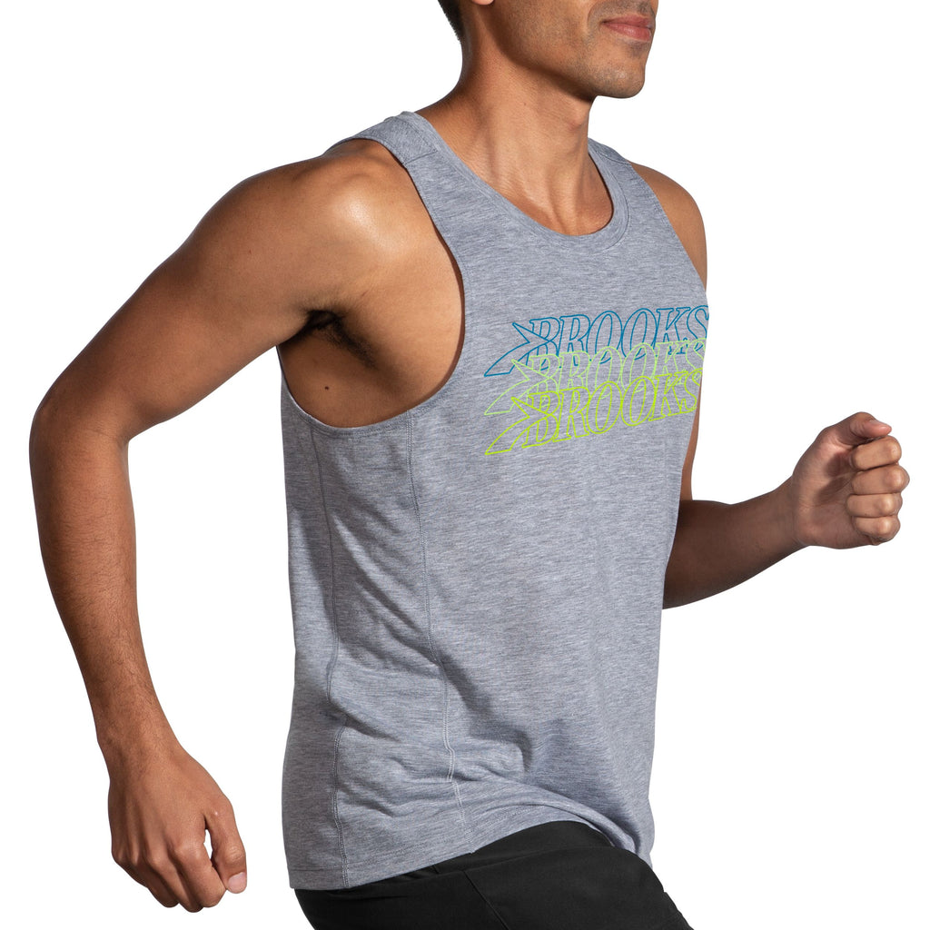 Men's Brooks Distance Tank 3.0. Grey. Lateral view.
