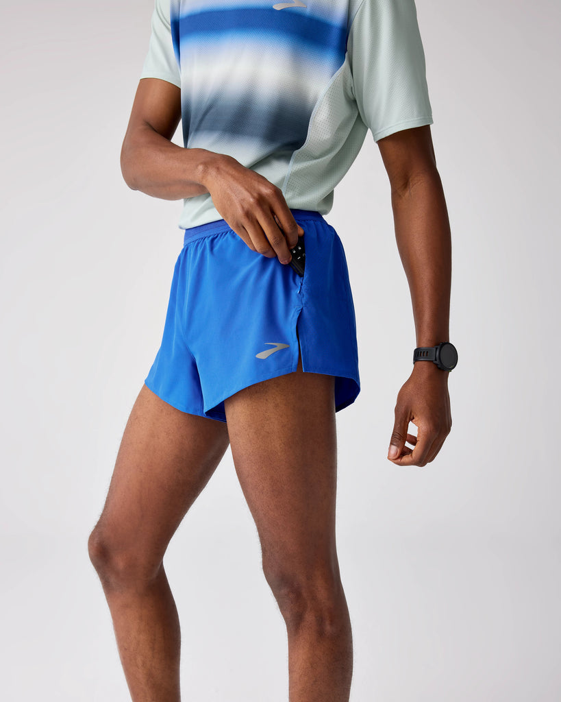 Men's Brooks Breakaway 3" Shorts. Blue. Lateral view.