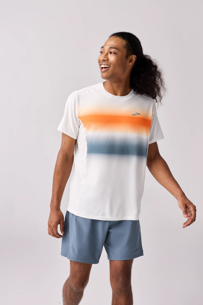 Men's Brooks Atmosphere Short Sleeve 3.0. White with Stripes.