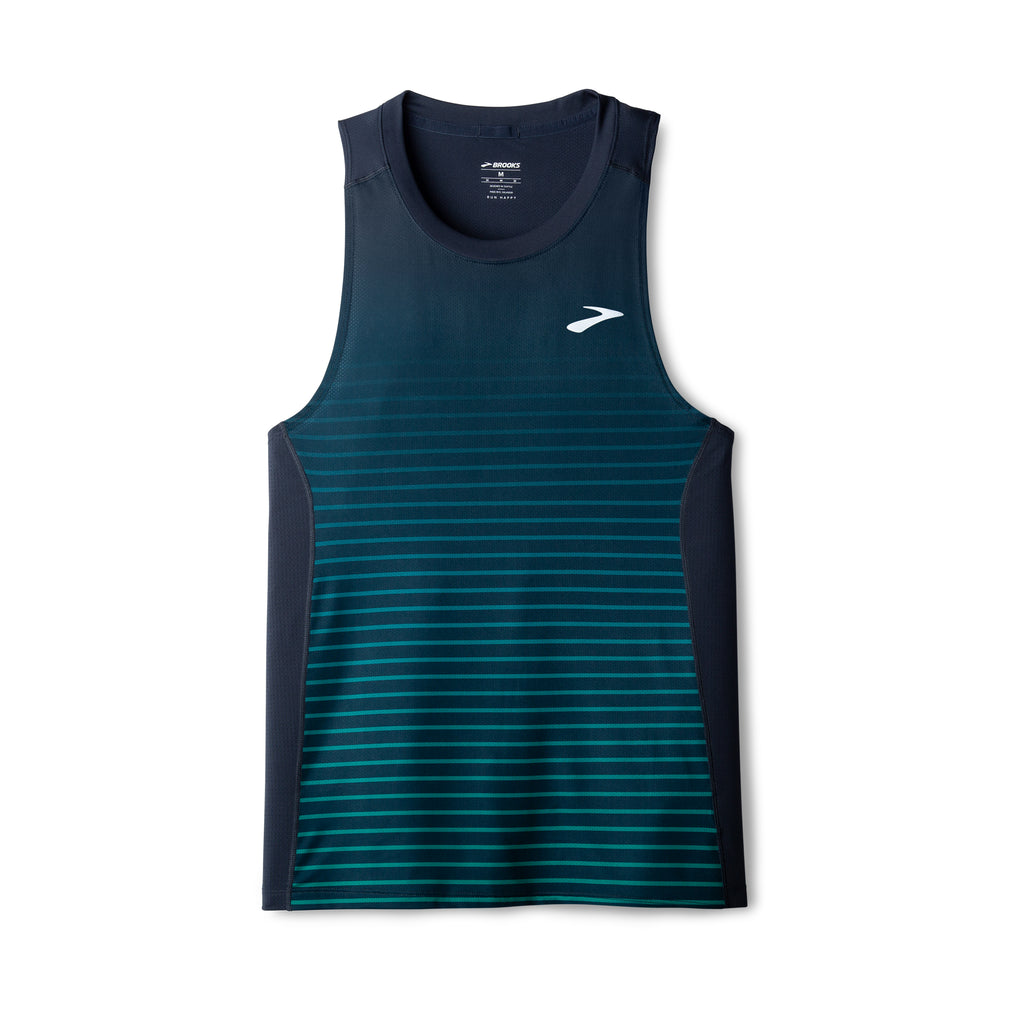 Men's Brooks Atmosphere Singlet 3.0. Green/Stripe pattern. Front view.