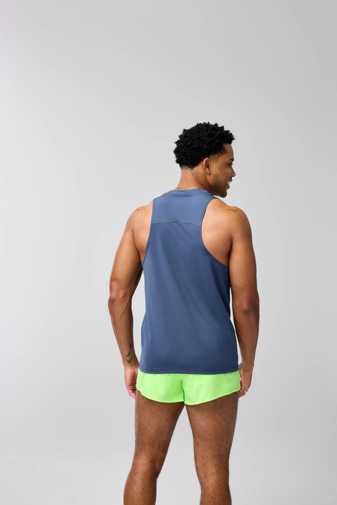 Men's Brooks Atmosphere Singlet 3.0. Green/Stripe pattern. Rear view.