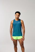 Men's Brooks Atmosphere Singlet 3.0. Green/Stripe pattern. Front view.
