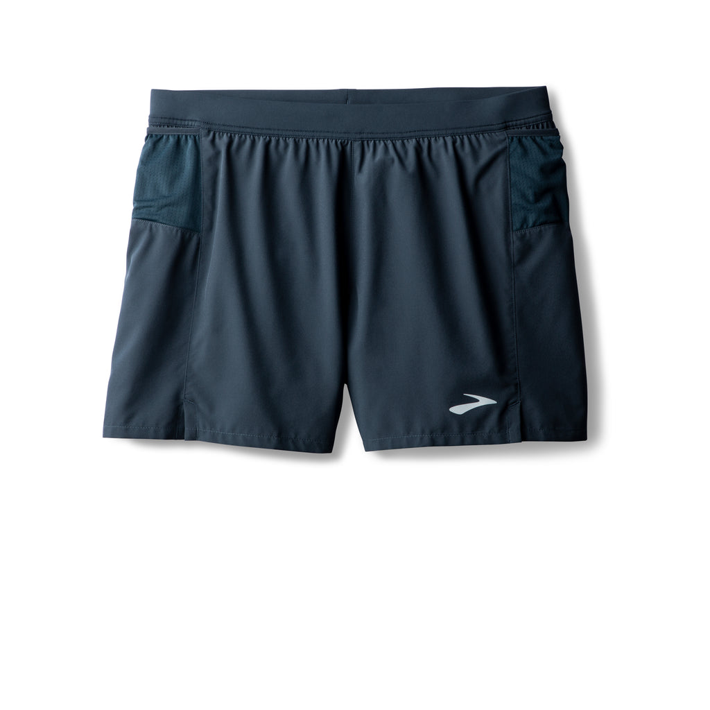 Men's Brooks Journey Shorts. Grey/Blue. Front view.