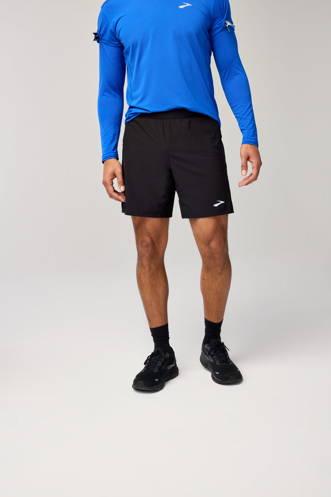 Men's Brooks Journey 7" 2-in-1 Shorts. Black. Front view.