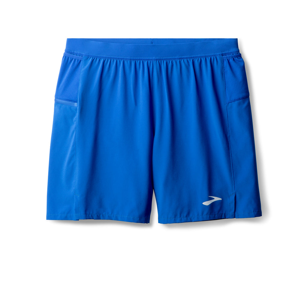 Men's Brooks Journey 7" Shorts. Blue. Front view.